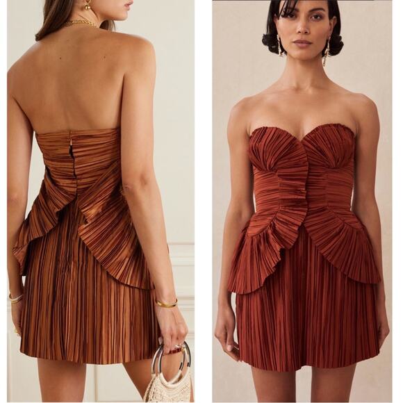 CULT GAIA Charlique Ruched Pleated Strapless Peplum Brown Mini Dress Size 2 - Picture 2 of 13